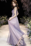 solvbao Purple V-Neck Tulle Long Prom Dresses, A-Line Evening Dresses