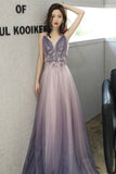 solvbao Purple V-Neck Tulle Long Prom Dresses, A-Line Evening Dresses