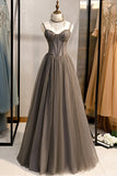 solvbao Gray Tulle Spaghetti Strap Long Prom Dresses, A-Line Evening Dresses