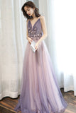 solvbao Purple V-Neck Tulle Long Prom Dresses, A-Line Evening Dresses