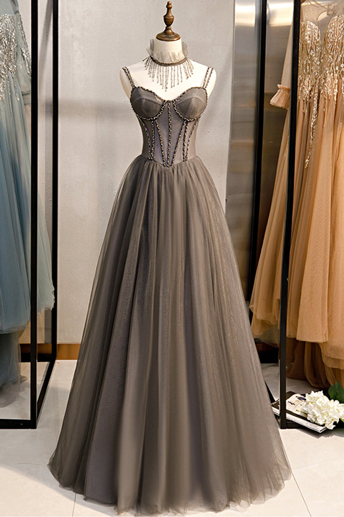 solvbao Gray Tulle Spaghetti Strap Long Prom Dresses, A-Line Evening Dresses