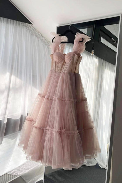 solvbao Pink Tulle Short Prom Dresses, A-Line Pink Evening Party Dresses