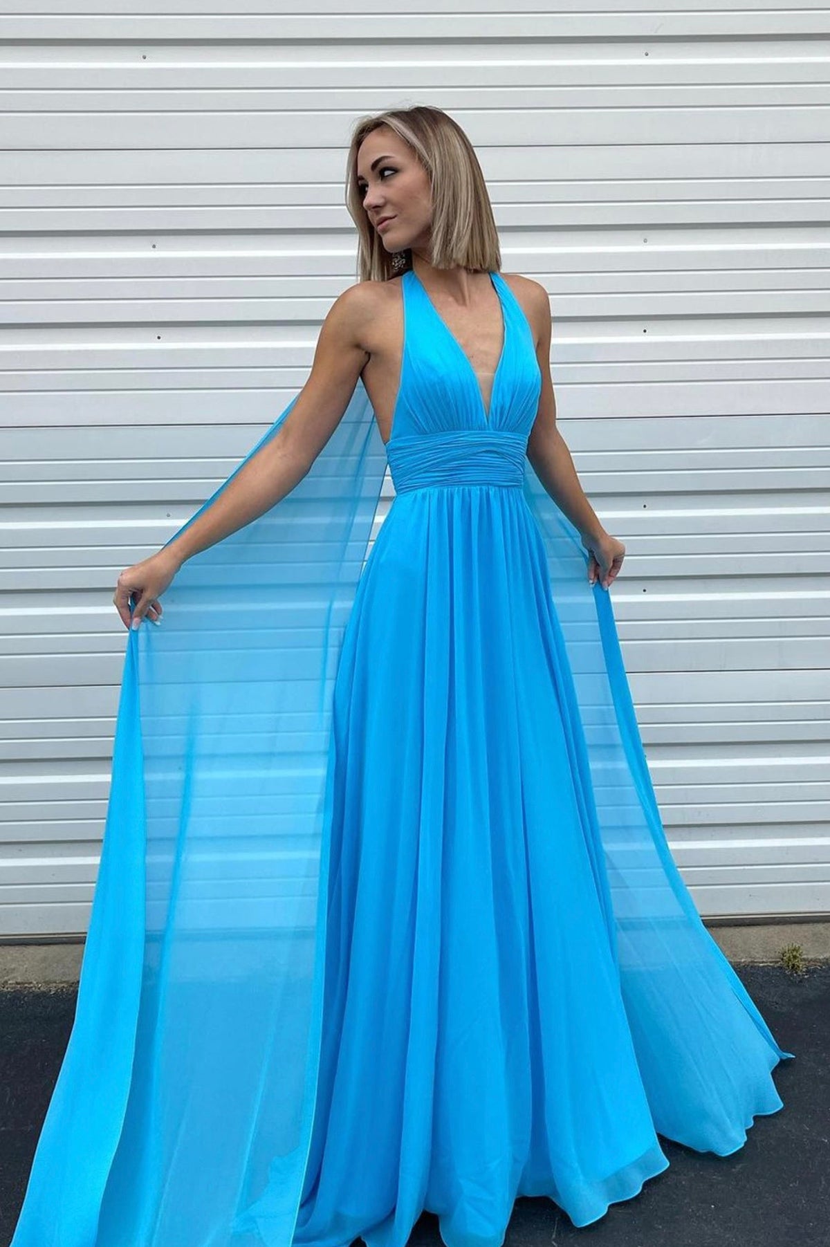 solvbao Blue Chiffon Long Prom Dresses, A-Line Evening Dresses