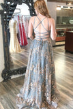 solvbao Grey V-Neck Sequins Long Prom Dresses, A-Line Backless Evening Dresses