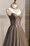 solvbao Gray Tulle Spaghetti Strap Long Prom Dresses, A-Line Evening Dresses