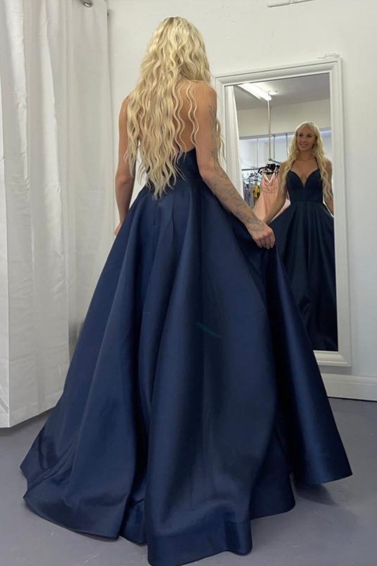 solvbao Blue V-Neck Satin Long Prom Dresses, A-Line Backless Evening Dresses