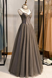 solvbao Gray Tulle Spaghetti Strap Long Prom Dresses, A-Line Evening Dresses