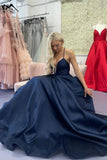 solvbao Blue V-Neck Satin Long Prom Dresses, A-Line Backless Evening Dresses