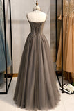 solvbao Gray Tulle Spaghetti Strap Long Prom Dresses, A-Line Evening Dresses