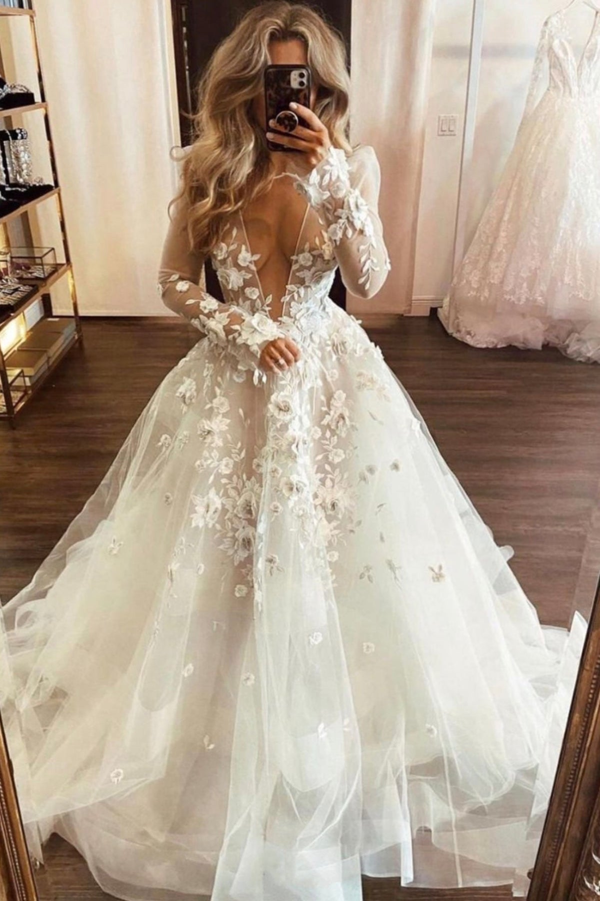 solvbao White Lace V-Neck Long Prom Dresses, Long Sleeve Evening Dresses