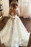 solvbao White Lace V-Neck Long Prom Dresses, Long Sleeve Evening Dresses