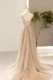 solvbao Gold V-Neck Sequins Long Prom Dress, A-Line Evening Party Dress