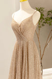 solvbao Gold V-Neck Sequins Long Prom Dress, A-Line Evening Party Dress