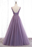 solvbao Purple V-Neck Lace Long Prom Dresses, A-Line Evening Party Dresses