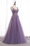 solvbao Purple V-Neck Lace Long Prom Dresses, A-Line Evening Party Dresses