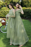 solvbao Green Tulle Long Prom Dresses, A-Line Evening Dresses