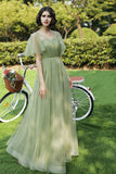 solvbao Green Tulle Long Prom Dresses, A-Line Evening Dresses