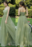 solvbao Green Tulle Long Prom Dresses, A-Line Evening Dresses