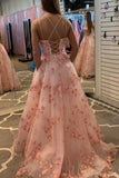 solvbao Pink Lace Long Prom Dresses, Lovely A-Line Evening Party Dresses