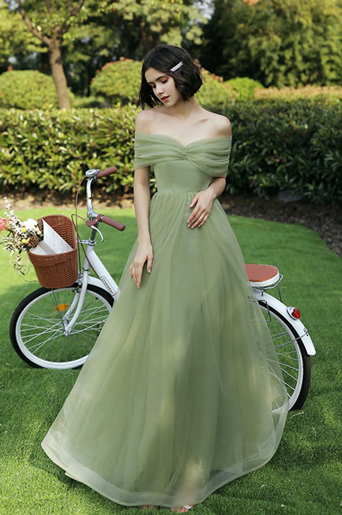 solvbao Green Tulle Long Prom Dresses, A-Line Evening Dresses