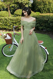 solvbao Green Tulle Long Prom Dresses, A-Line Evening Dresses