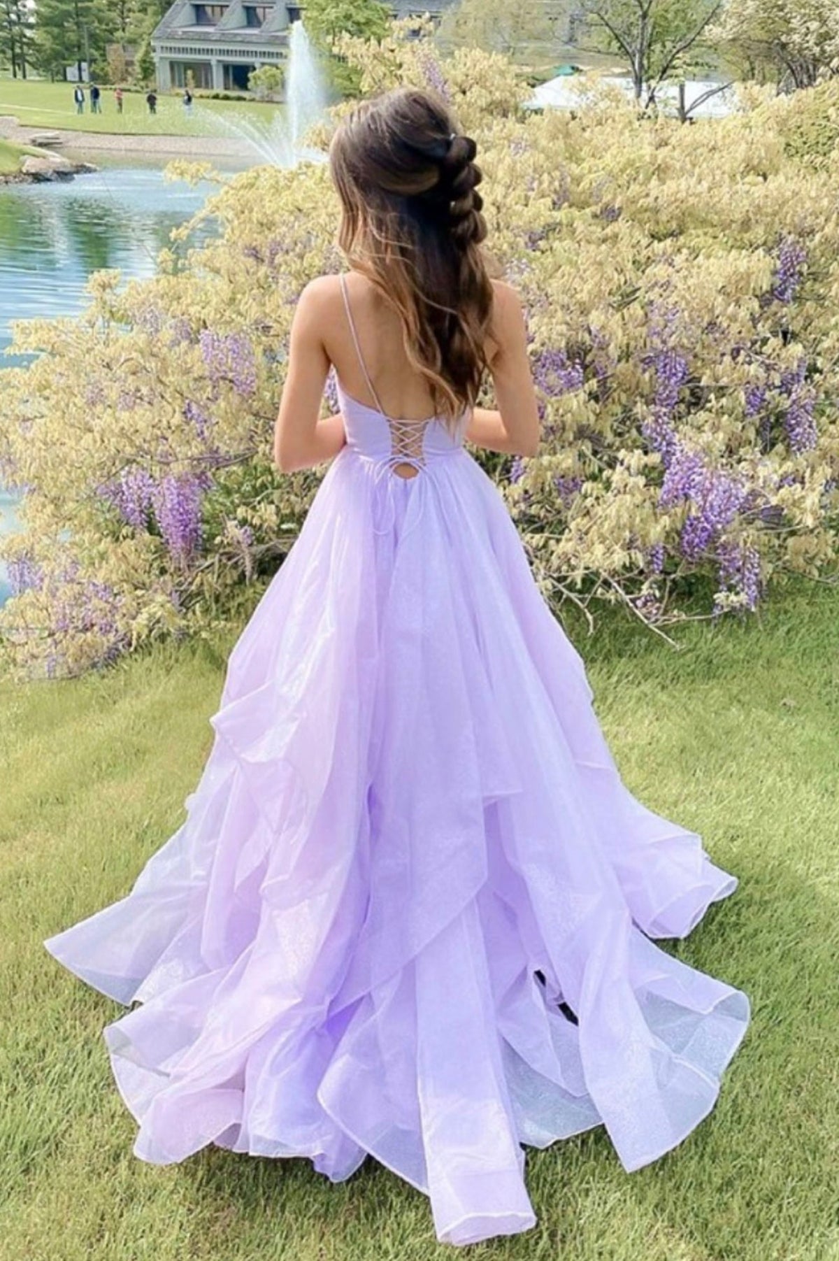 solvbao Purple Spaghetti Strap Tulle Long Prom Dresses, A-Line Lace-Up Evening Dresses