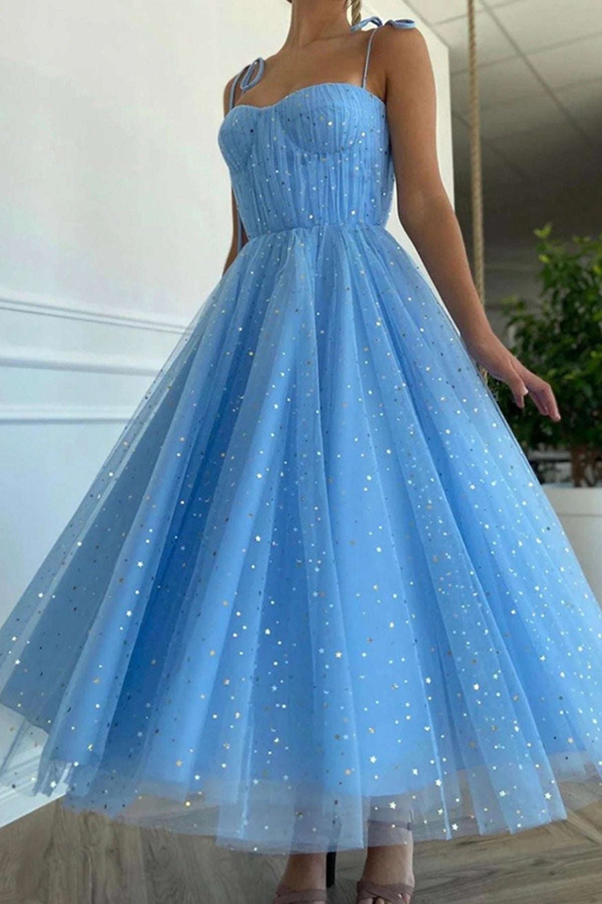 solvbao Blue Spaghetti Strap Tulle Short Prom Dresses, A-Line Evening Party Dresses