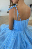 solvbao Blue Spaghetti Strap Tulle Short Prom Dresses, A-Line Evening Party Dresses