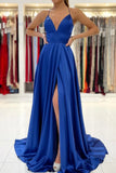 solvbao Blue V-Neck Satin Long Prom Dresses, Simple A-Line Backless Evening Dresses