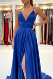 solvbao Blue V-Neck Satin Long Prom Dresses, Simple A-Line Backless Evening Dresses