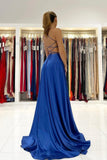 solvbao Blue V-Neck Satin Long Prom Dresses, Simple A-Line Backless Evening Dresses