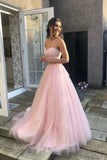 solvbao Pink Strapless Lace Long Prom Dresses, A-Line Evening Dresses