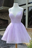 solvbao Purple V-Neck Tulle Short Prom Dresses, A-Line Mini Party Dresses