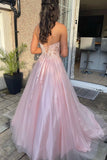 solvbao Pink Strapless Lace Long Prom Dresses, A-Line Evening Dresses