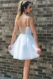 solvbao White V-Neck Lace Short Prom Dresses, A-Line Homecoming Dresses