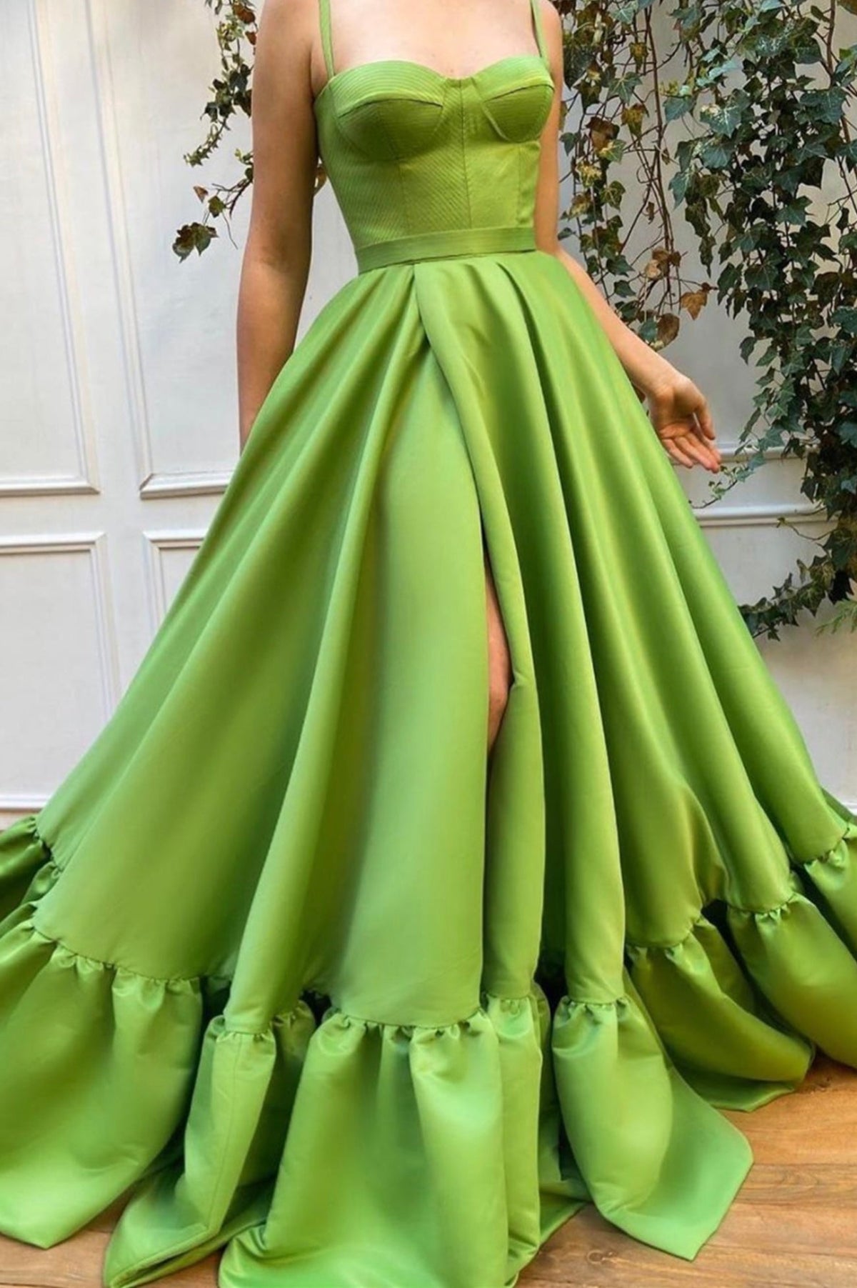 solvbao Green Satin Long Prom Dresses, A-Line Slit Evening Dresses