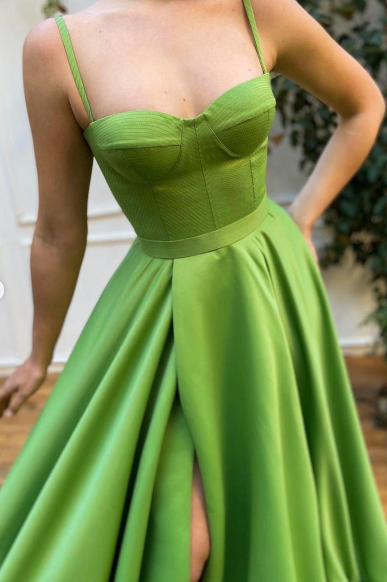 solvbao Green Satin Long Prom Dresses, A-Line Slit Evening Dresses