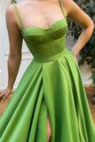 solvbao Green Satin Long Prom Dresses, A-Line Slit Evening Dresses