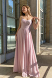 solvbao Pink Chiffon Long Simple Prom Dress, A-Line Spaghetti Strap Evening Dress