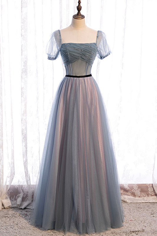 solvbao Gray Blue Tulle Long A-Line Prom Dress, Cute Short Sleeve Evening Dress