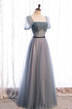 solvbao Gray Blue Tulle Long A-Line Prom Dress, Cute Short Sleeve Evening Dress