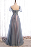 solvbao Gray Blue Tulle Long A-Line Prom Dress, Cute Short Sleeve Evening Dress