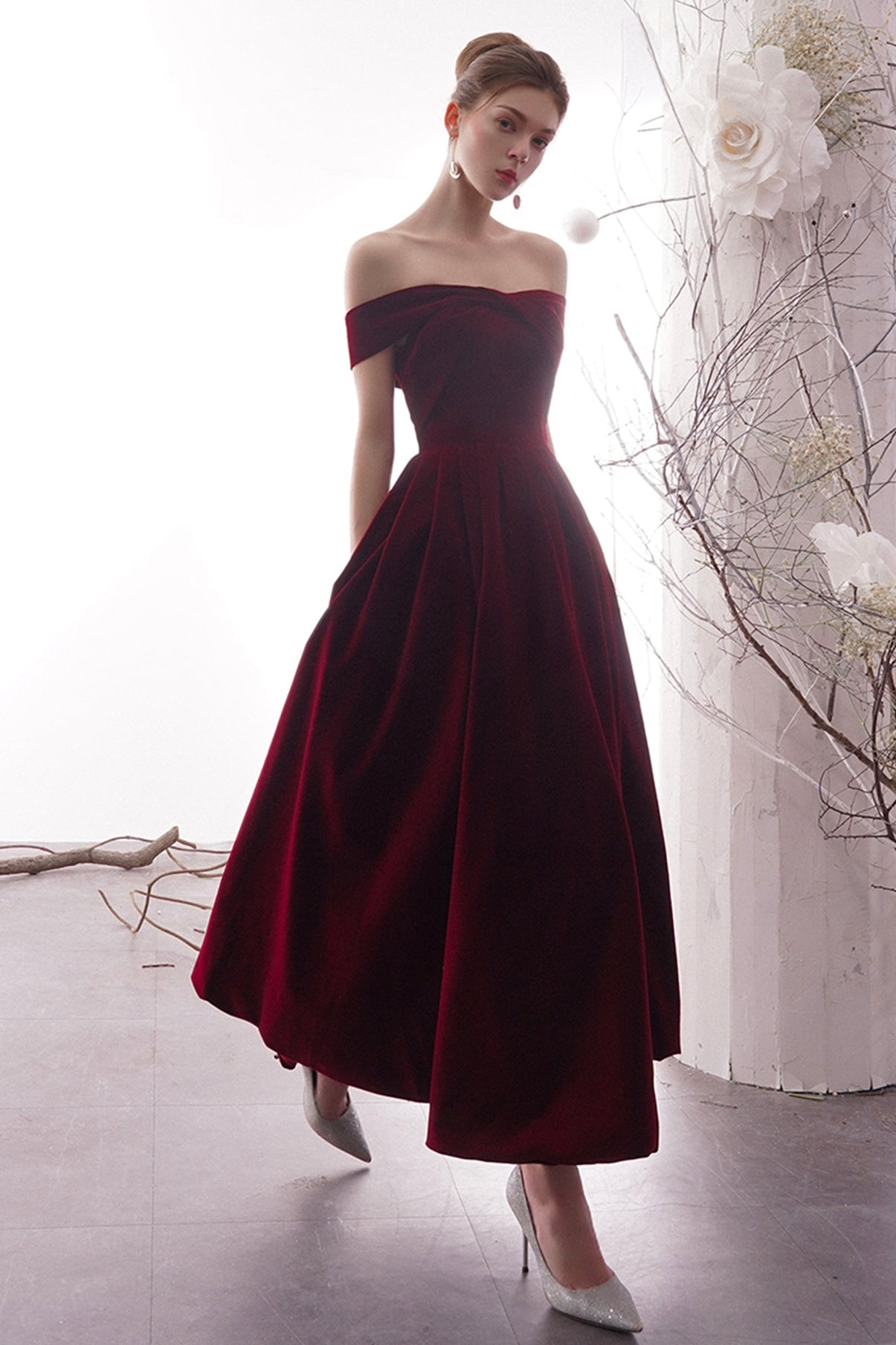 solvbao Burgundy Velvet Long Prom Dresses, Off the Shoulder Evening Dresses