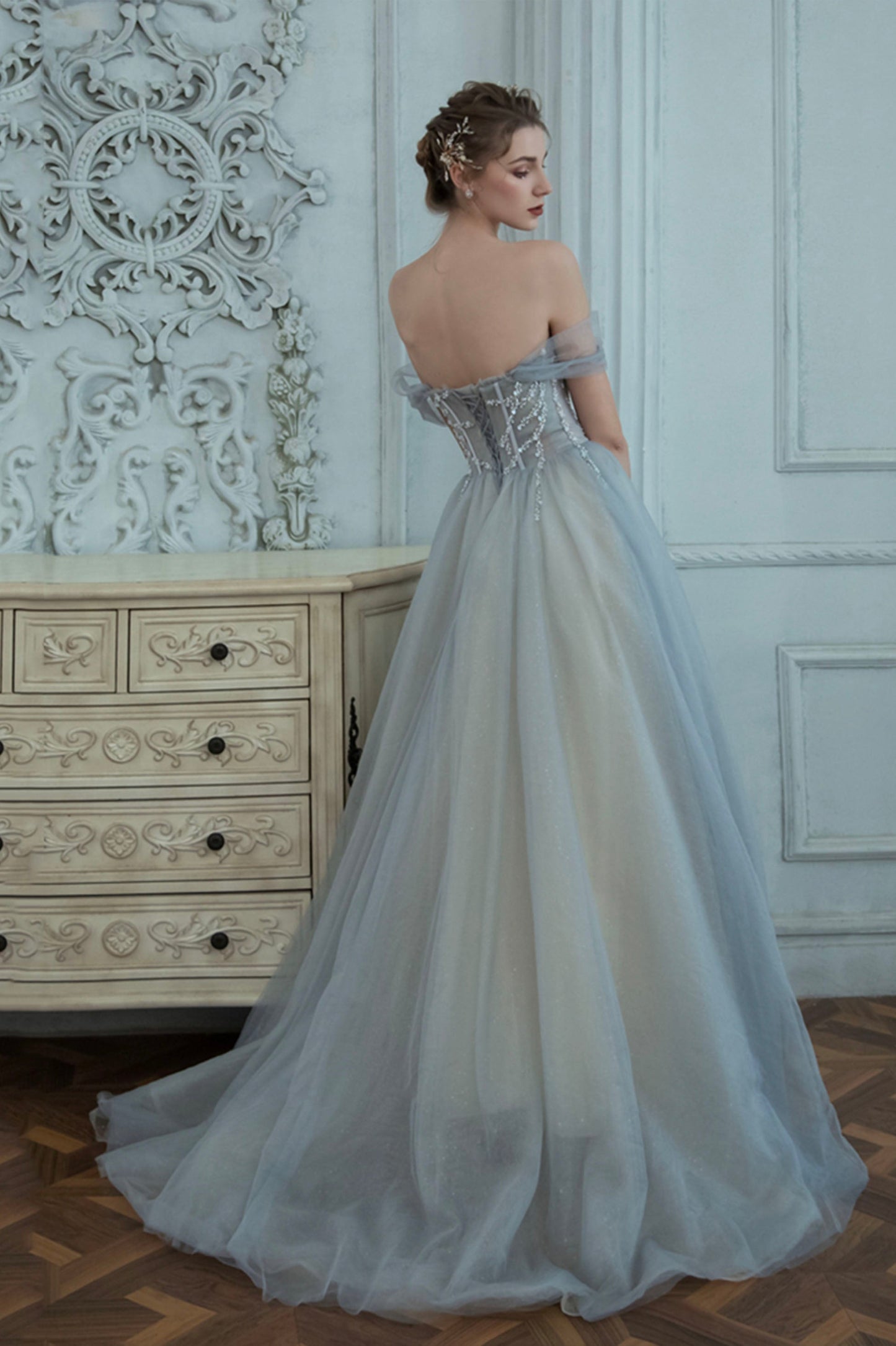 solvbao Gray Tulle Beaded Long Prom Dress, A-Line Off the Shoulder Evening Dress