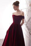 solvbao Burgundy Velvet Long Prom Dresses, Off the Shoulder Evening Dresses