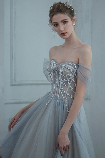 solvbao Gray Tulle Beaded Long Prom Dress, A-Line Off the Shoulder Evening Dress