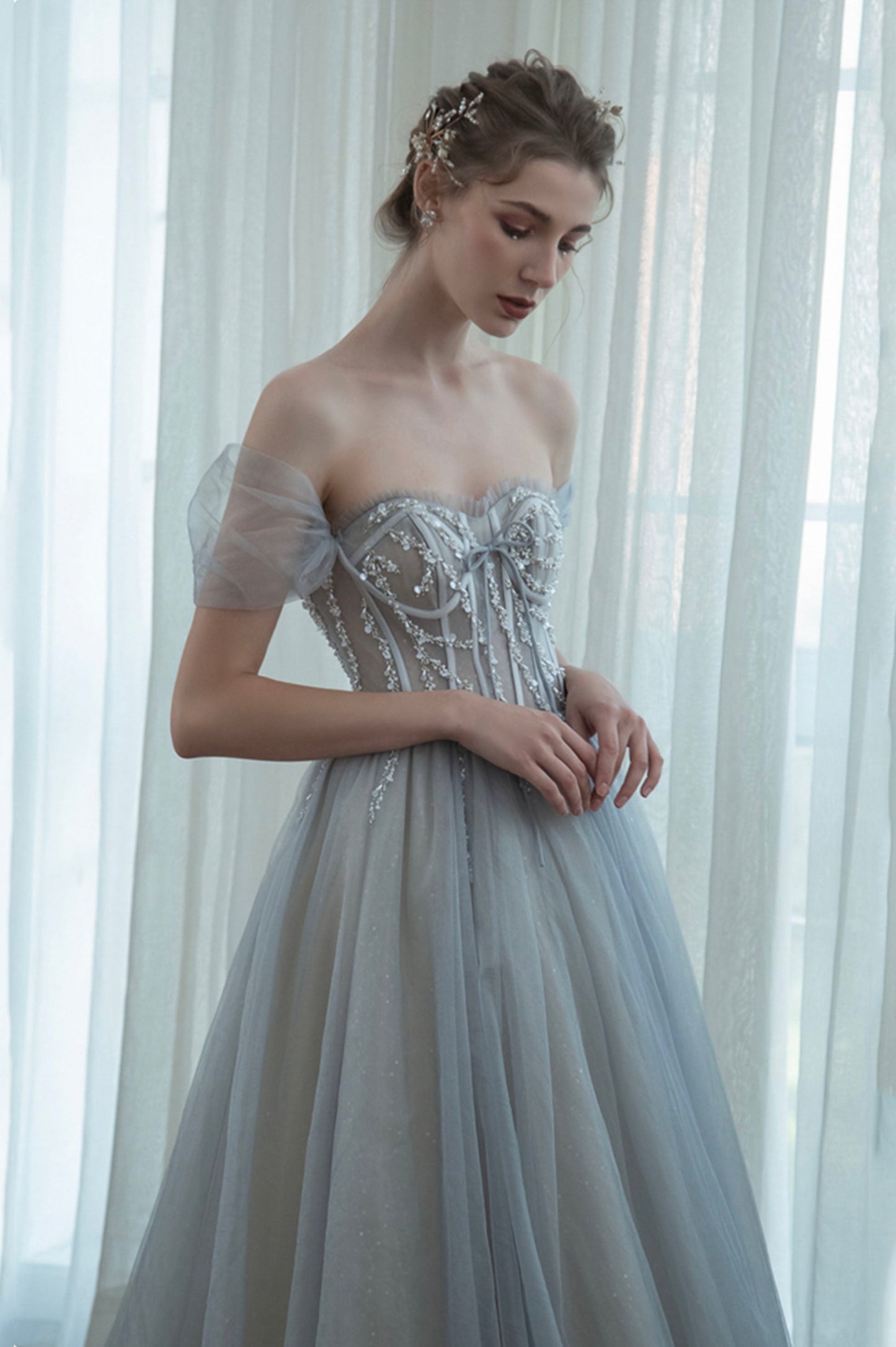 solvbao Gray Tulle Beaded Long Prom Dress, A-Line Off the Shoulder Evening Dress