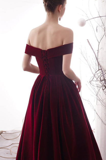 solvbao Burgundy Velvet Long Prom Dresses, Off the Shoulder Evening Dresses