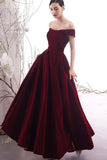 solvbao Burgundy Velvet Long Prom Dresses, Off the Shoulder Evening Dresses