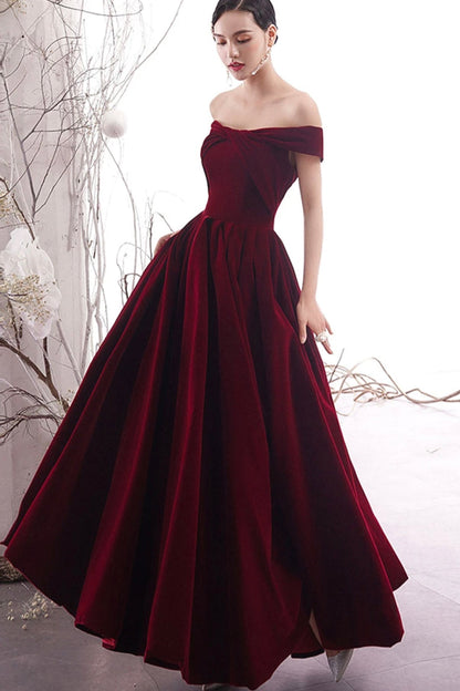 solvbao Burgundy Velvet Long Prom Dresses, Off the Shoulder Evening Dresses